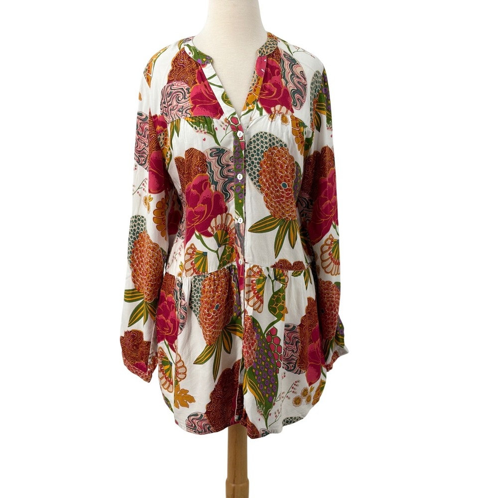 J. Peterman Womens Floral Rayon Tunic Top Long Sleeve Tiered Boho Pink Orange 12